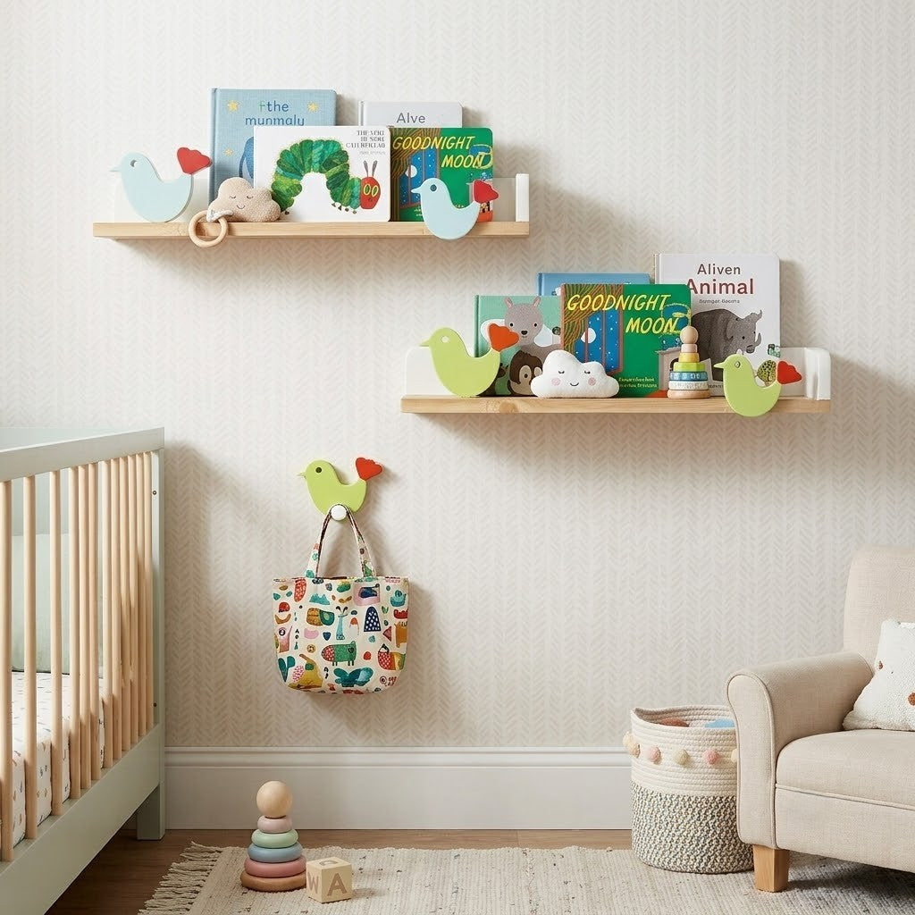 Wooden Wall Mounted Shelf - Chirpy Bird Green