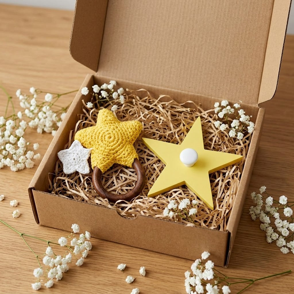 FLYFROG Newborn Gift Set, Teether & Nursery Wall Hook: Star Yellow