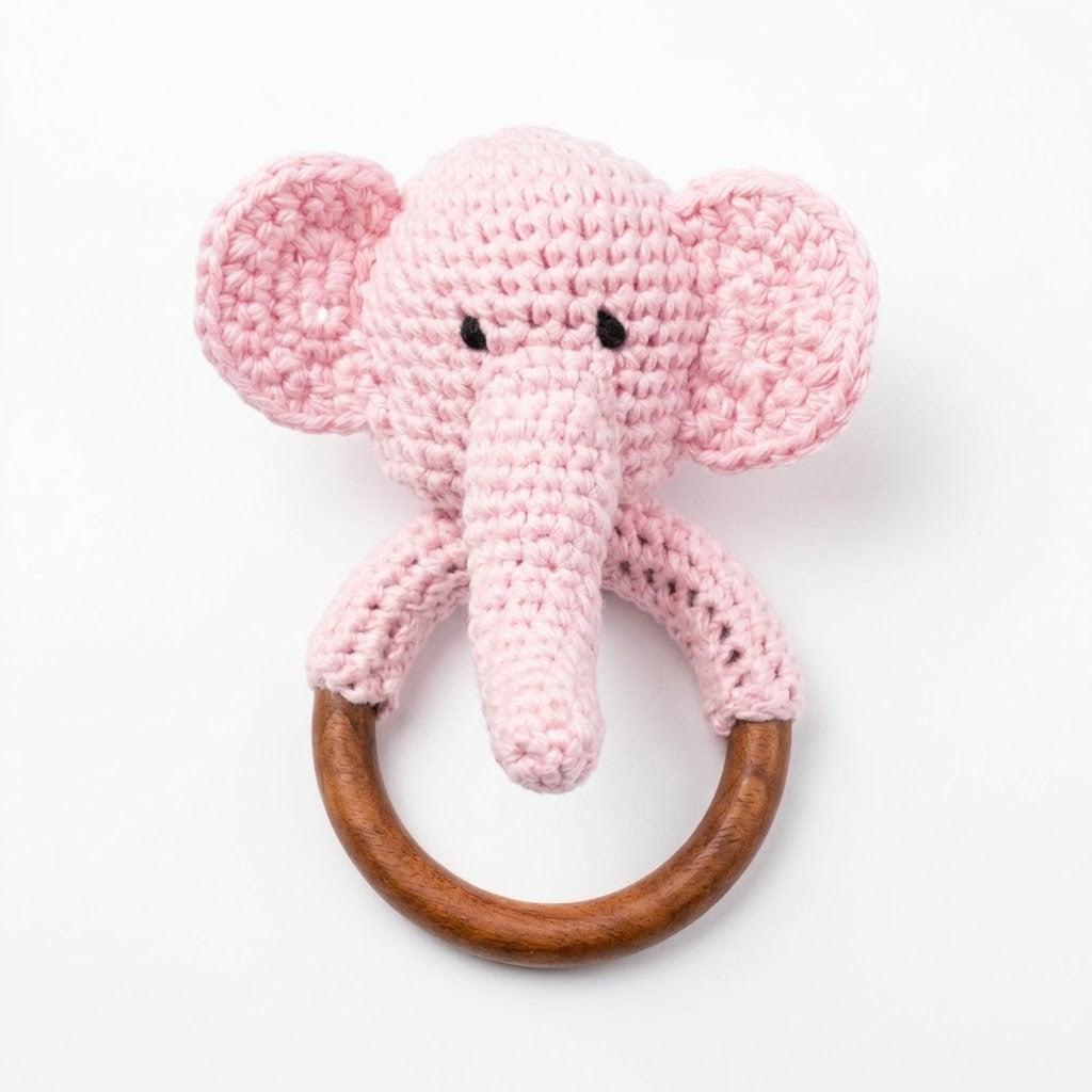 Handcrafted Cotton Elephant Teether with Natural Neem Wood Ring