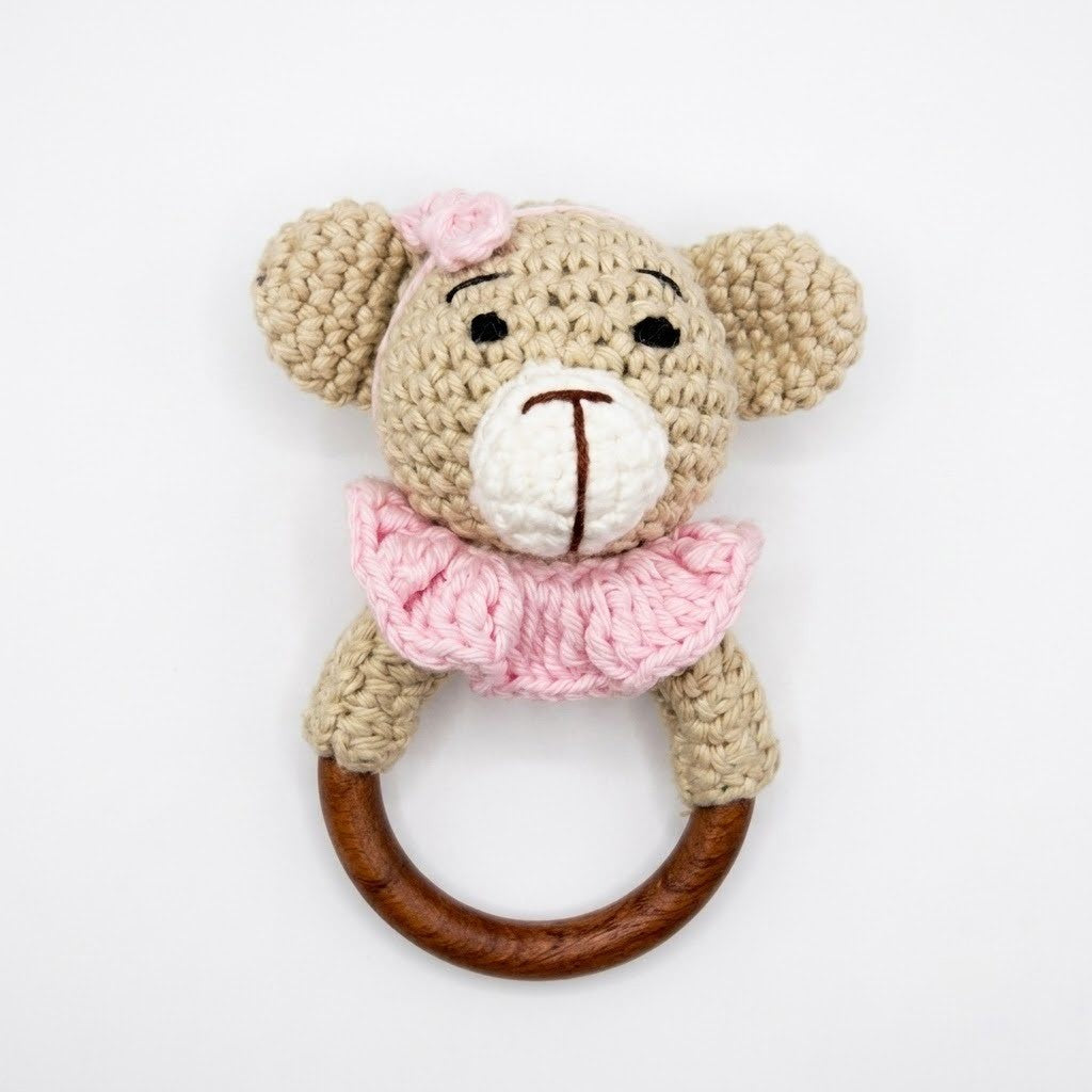 Handcrafted Cotton Teddy Teether with Natural Neem Wood Ring